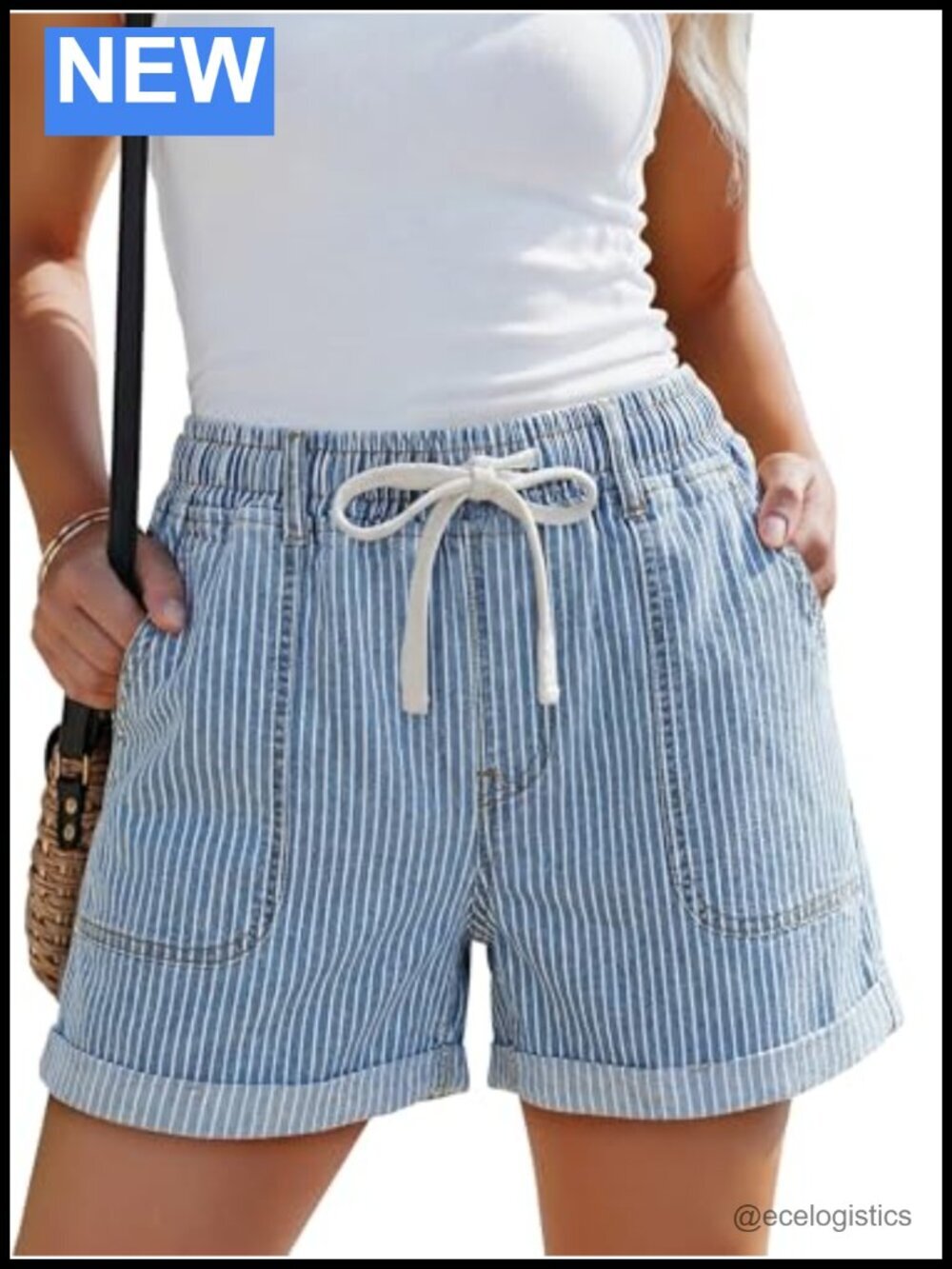 High Waisted Drawstring Elastic Waist Denim Shorts with Pockets